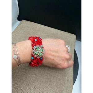 Carolyn Pollack Sterling Silver .925 Red Coral & Turquoise Mosaic Statement Brac